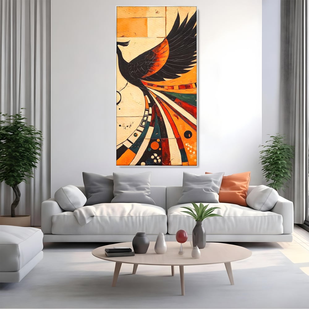 Tablou canvas cu tablou canvas cu pasar phoenix stilizata, in rama de aluminiu argintiu, pe perete intr-un living